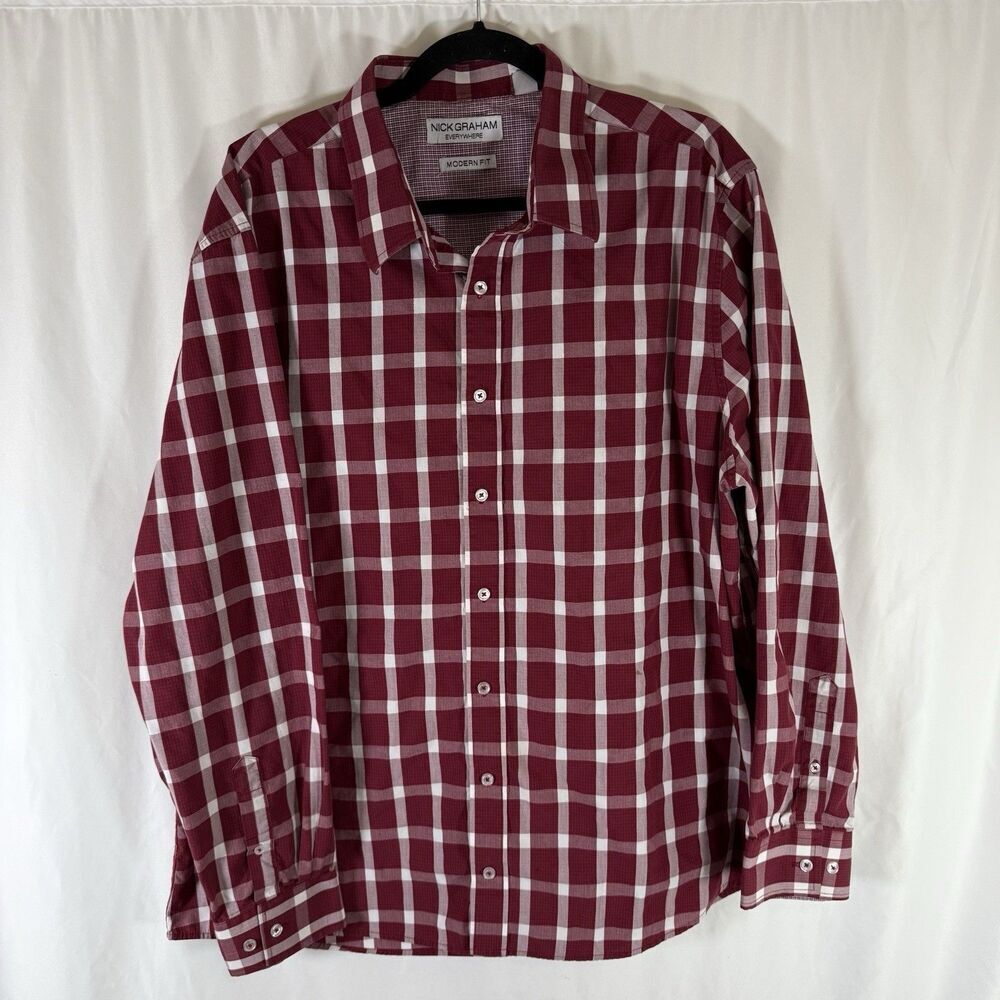 Nick Graham Shirt Men's 18 36 2XL Red Plaid Button Up Long Sleeve Modern Fit